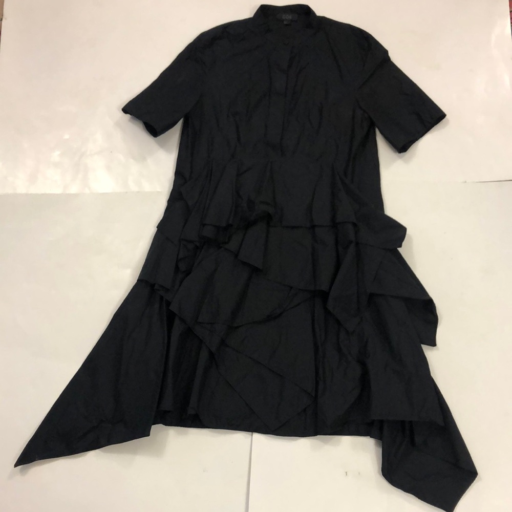 COS 2 Dress Black Elegant Ruffle Layer Mandarin Collar Button Pockets Excellent